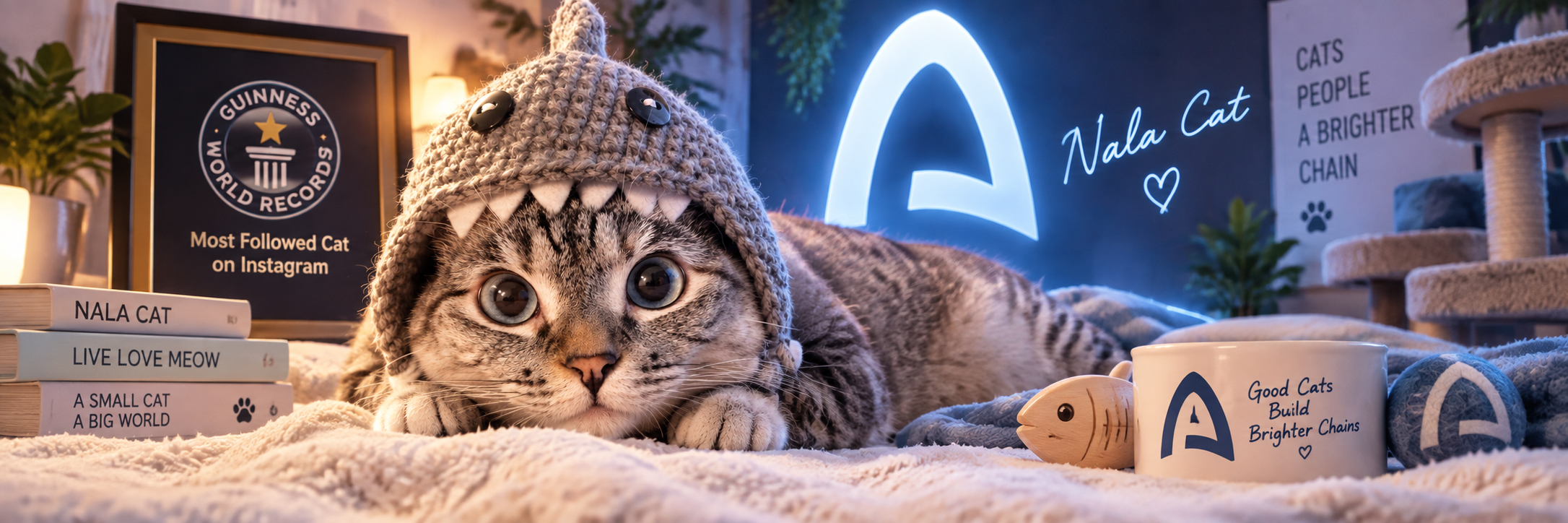 Nala Cat lying on a blanket beside a Guinness World Records plaque, books, a food bowl, and an ARC Chain neon sign