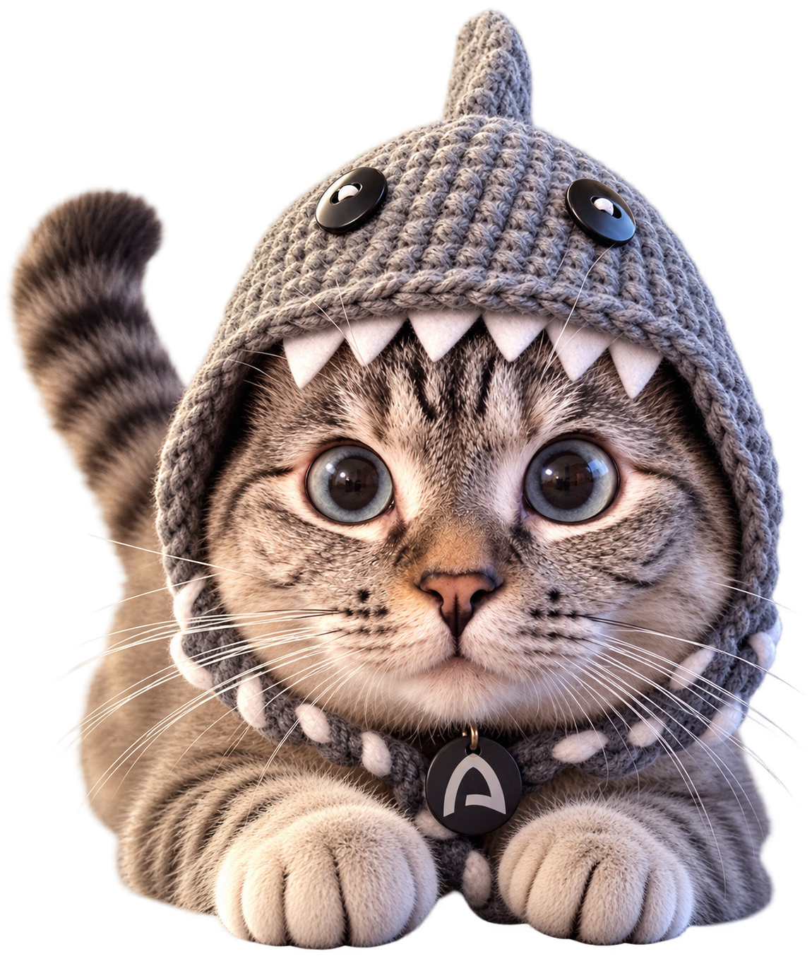 Nala Cat, a tabby cat with Siamese eyes wearing a knitted shark hat and an ARC Chain tag